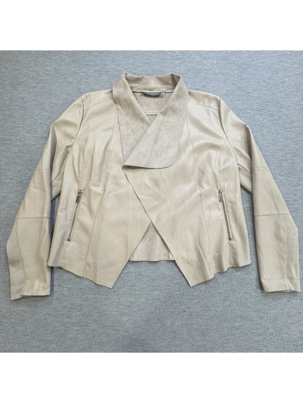Bagatelle Draped Jacket Womens Size L Beige Faux Leather Open Front Long Sleeve